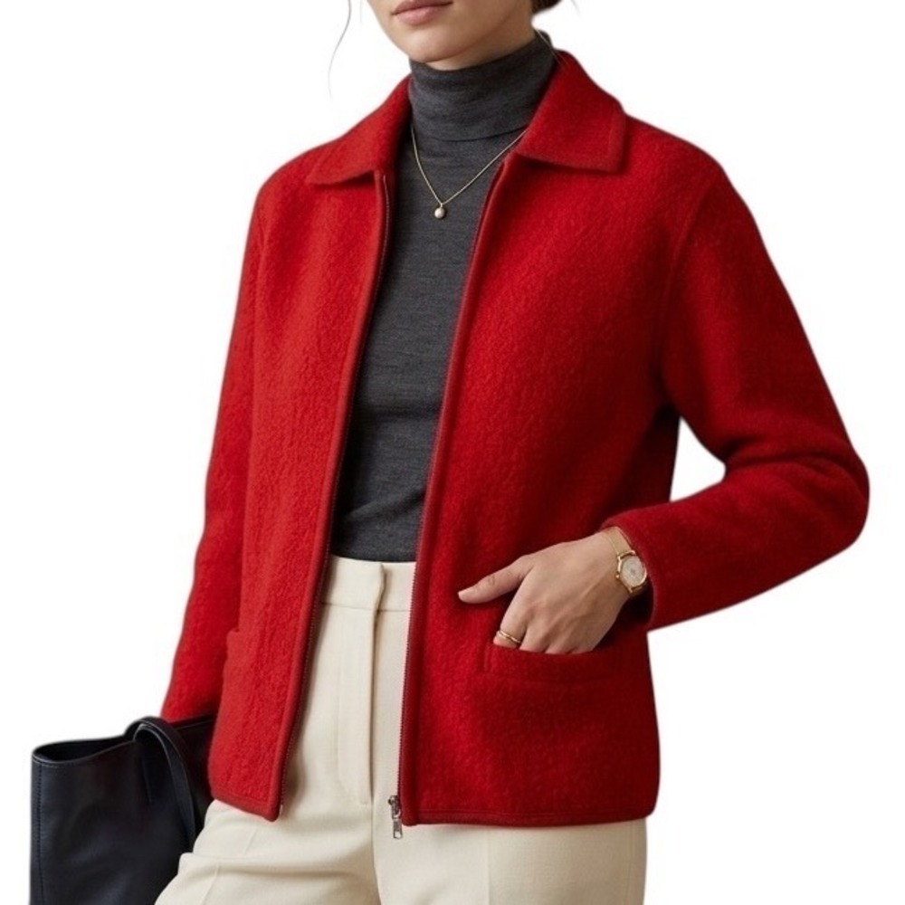 Lisa International Red Boiled Wool Zip Up Jacket Small Collared Vintage Style